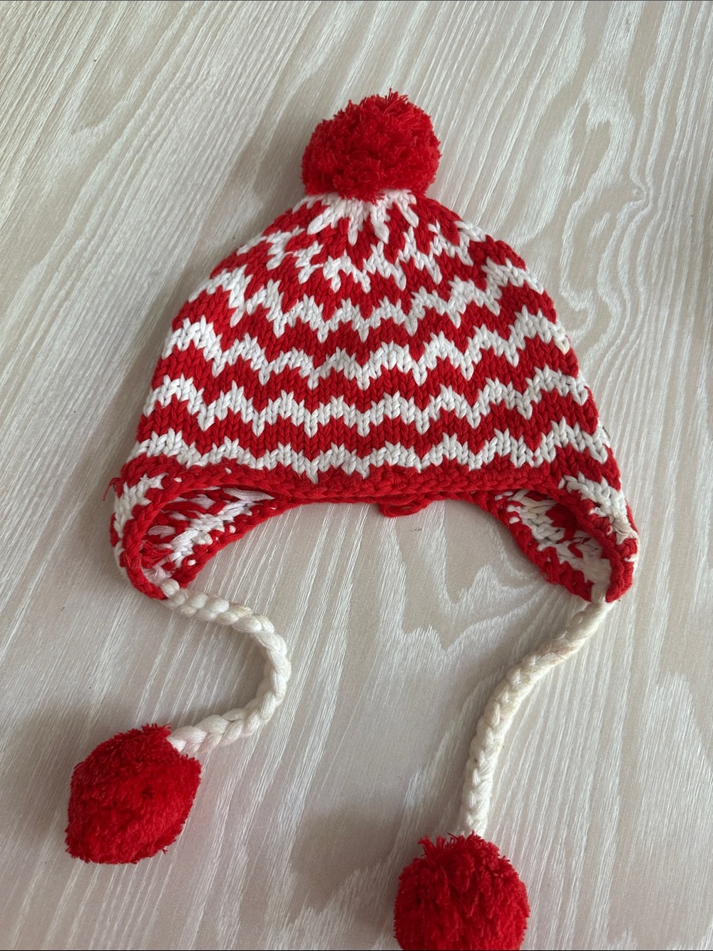 Red and White Pom-Pom Knit Earflap Hat